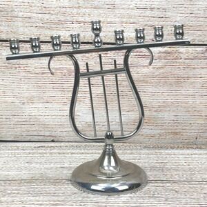 Vintage‎ R.C. Silver Tone Lyre Harp Hanukkah Tilted Menorah Chanukiah